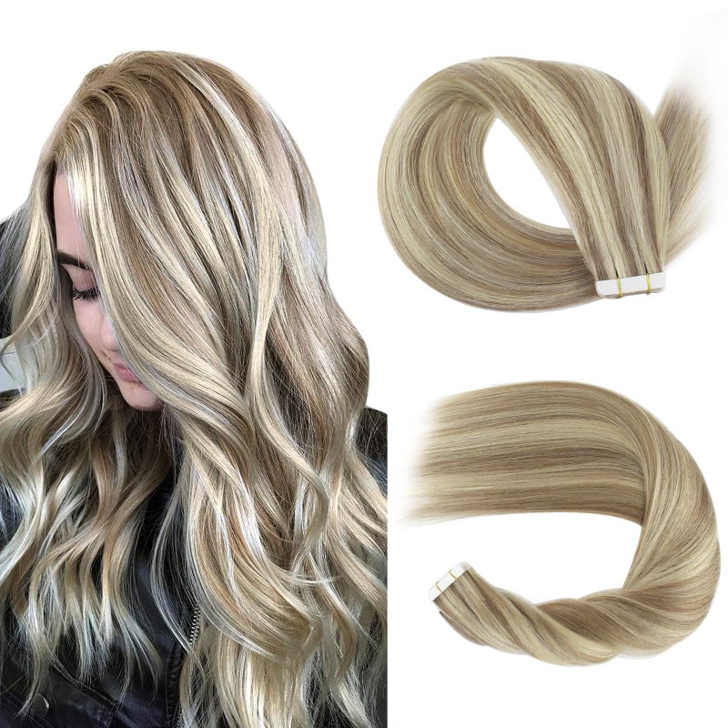 Sassina 22 Inch Remy Human Hair Extensions 50 Grams Straight Invisible Tape in Extensions 20 Pcs Swedish Blonde and Ash Blonde Seamless Tape in Hair Extensions